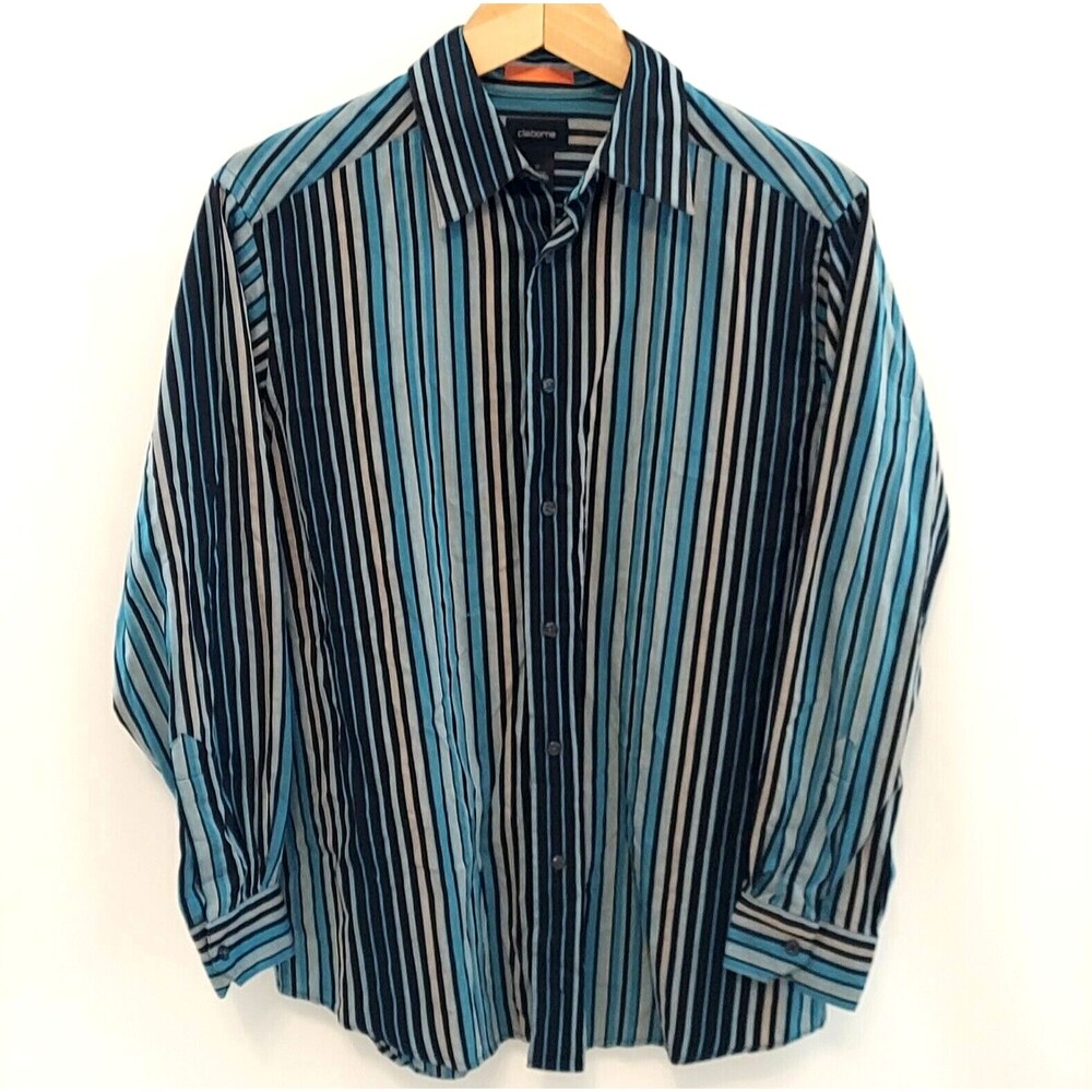 Claiborne Mens M Long Sleeve Shirt Button Up Blue Black Stripes 100% Cotton